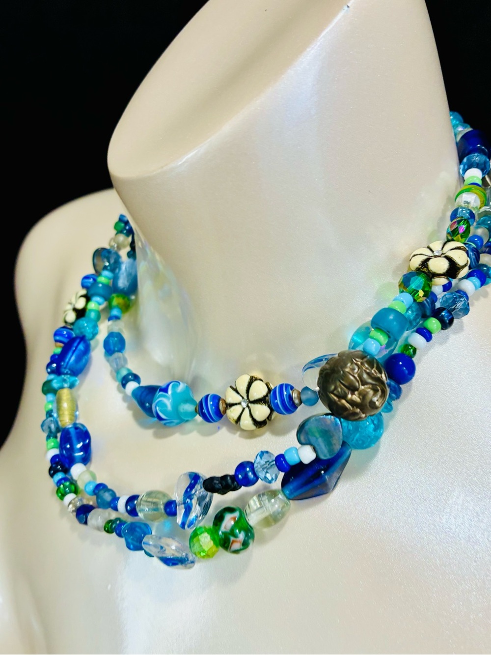 Handmade Blue & Green Beaded Necklace with Floral Accents - Picture 8 of 15